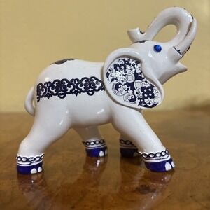 Cobalt Blue & White Porcelain Elephant Figurine Blue Eyes Decorative Collectible